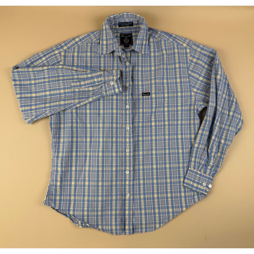 Preppy Coastal Plaid Button Down Shirt Blue Yellow Small Faconnable